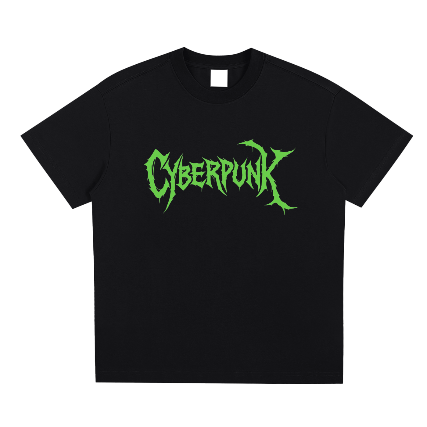 CyberPunk 2077 loose fit t-shirt front view with green metal-style logo on black cotton crew neck tee