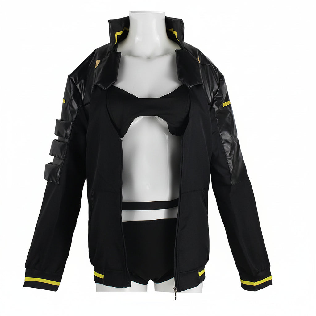 A black cosplay jacket with yellow accent stripes and glossy black shoulder panels, displayed on a white mannequin torso. The jacket is styled over a matching black bustier top and shorts.