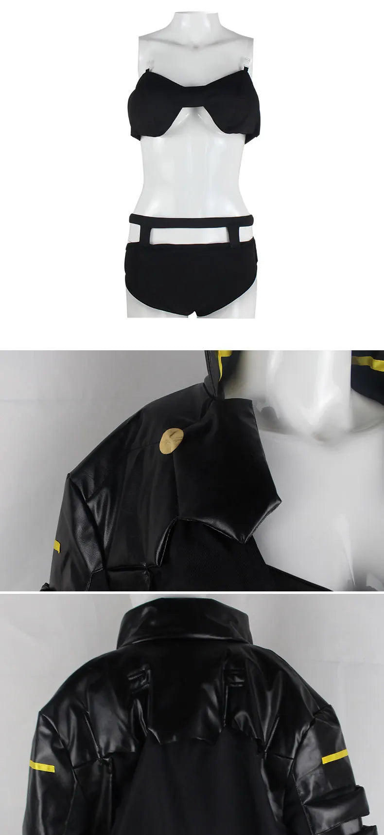 A black costume set displayed on a white mannequin, featuring a bandeau-style top with a central cutout and matching high-cut bottoms, plus a glossy black jacket with yellow accents and a gold emblem. The image includes three views: a front view of the set, a close-up of the jacket collar and shoulder, and a close-up of the jacket back.