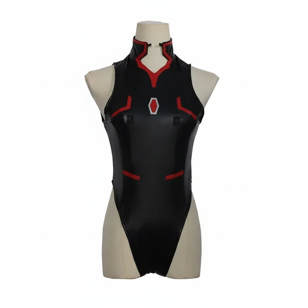 A black faux-leather bodysuit with red trim and a small white emblem on the chest, displayed on a beige mannequin torso against a white background.