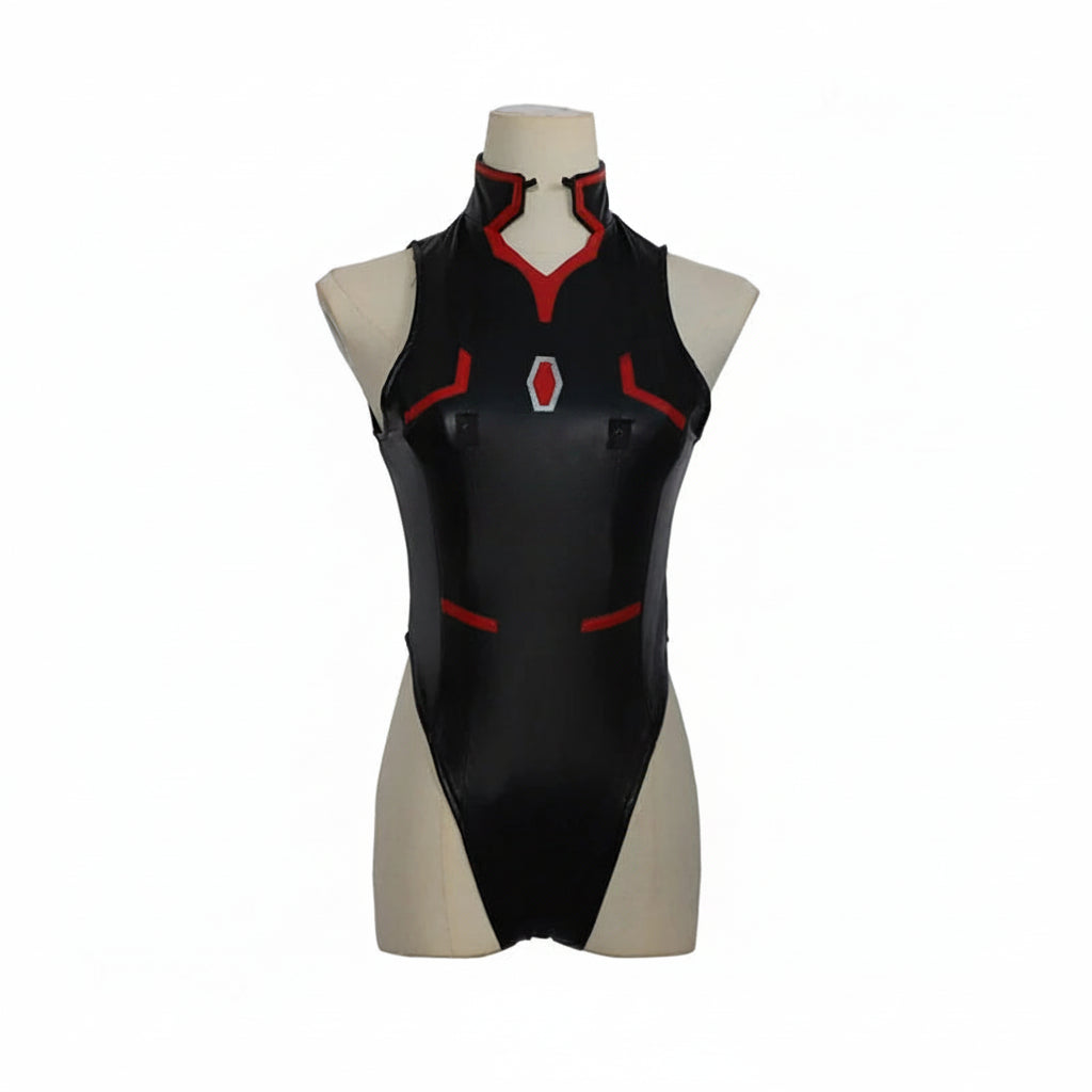 A black faux-leather bodysuit with red and white accents, displayed on a beige mannequin torso against a white background.