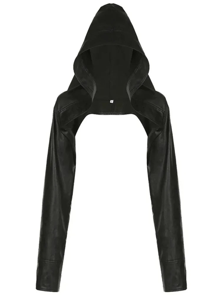 A black faux-leather hooded jacket with long sleeves and a unique curved, open-front silhouette, shown against a plain white background.