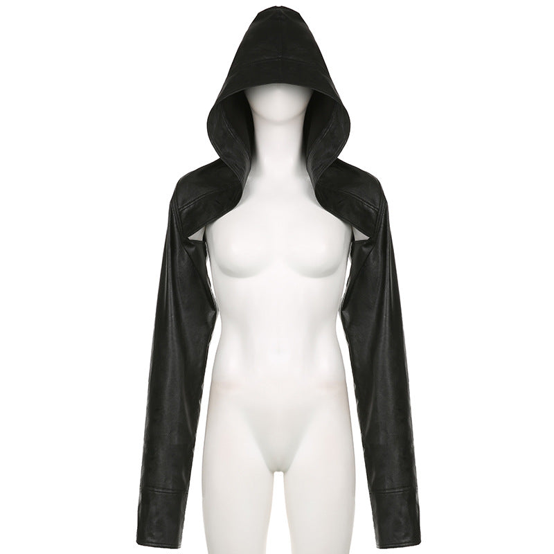 A black faux-leather hooded jacket with long sleeves and shoulder cutouts, displayed on a white female mannequin against a plain white background.