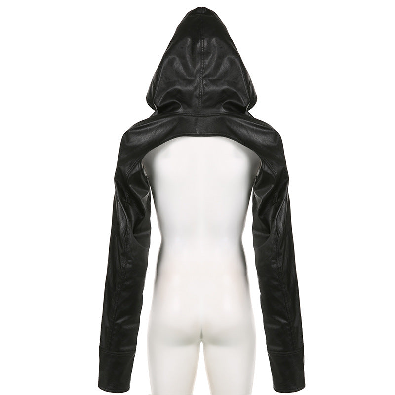 A black faux-leather hooded jacket with long sleeves, shown from the back on a white mannequin torso against a white background.