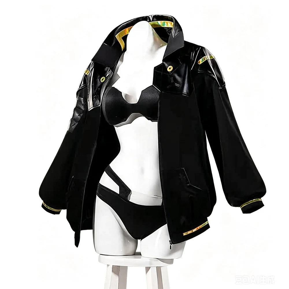 A black futuristic cosplay jacket displayed on a white mannequin torso, styled with a black bra and matching underwear. The jacket features glossy black panels, gold button details, and yellow accents on the collar lining and cuffs.