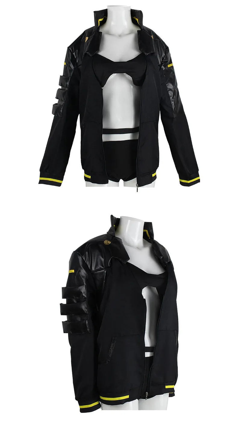 A black futuristic jacket costume displayed on a white mannequin torso against a plain white background, shown in two views: a front view with a cutout chest panel and a side view highlighting sleeve details.
