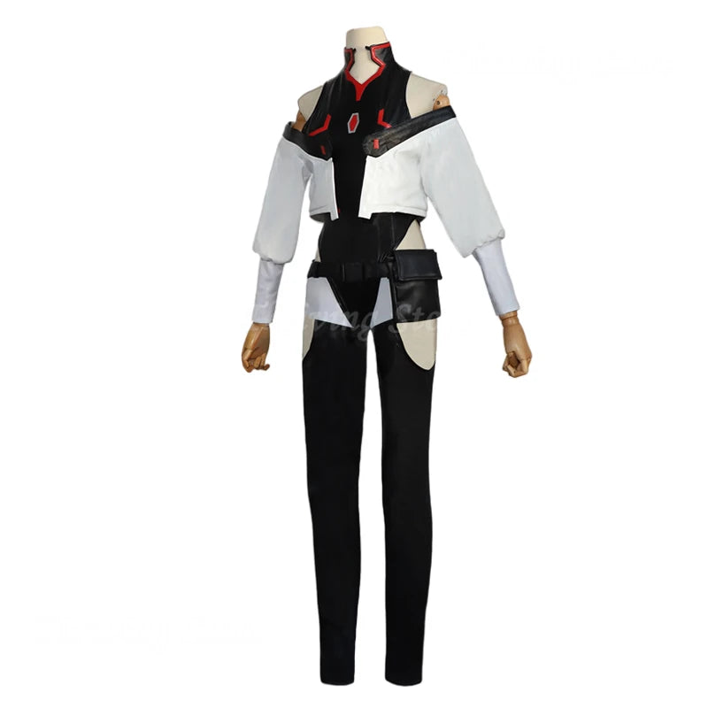 A black, white, and red anime cosplay costume displayed on a mannequin against a plain white background.