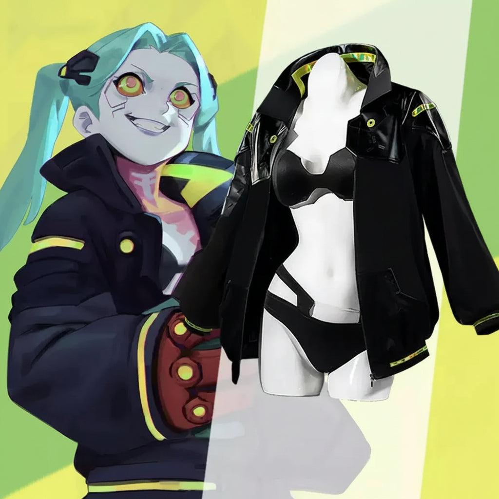 A cosplay costume set featuring a black jacket with neon yellow and green accents, displayed on a white mannequin torso alongside a matching black bikini bottom. The background is a split graphic with a cartoon character on the left and a bright yellow-green gradient on the right, with the text 'Deslacs' in the top left.