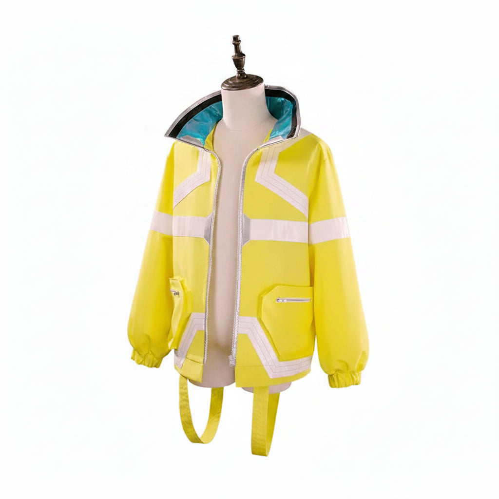 A high-visibility yellow safety jacket with reflective white stripes, displayed on a mannequin torso against a white background. The text 'Only Jacket' is printed in black at the top right.