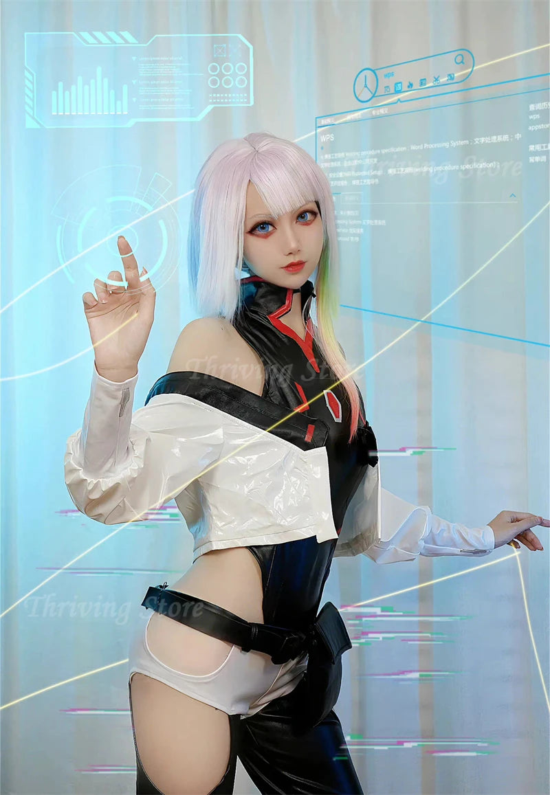 A woman posing in a cyberpunk-style sci-fi cosplay outfit with pale pink hair, featuring a black and white asymmetrical top, a black corset-style bodice, and white thigh-high stockings, set against a futuristic blue digital interface background.