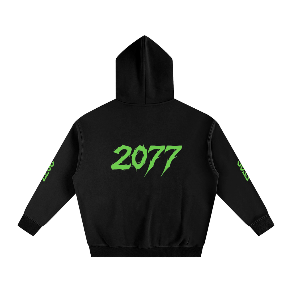 Black hoodie with green '2077' text on the back against a white background