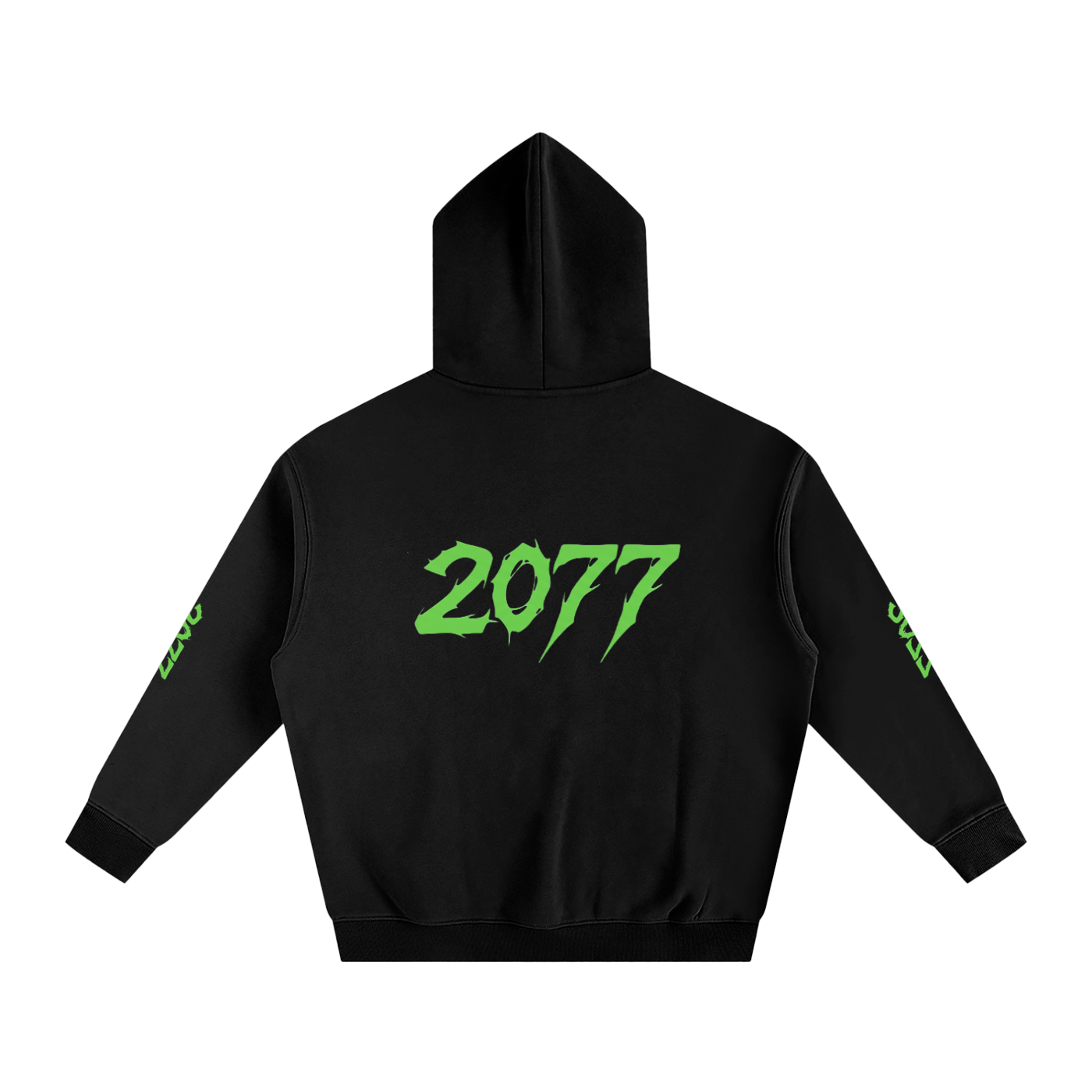 Black hoodie with green '2077' text on the back against a white background