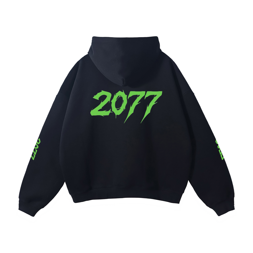 Black hoodie with green '2077' text on the back against a white background