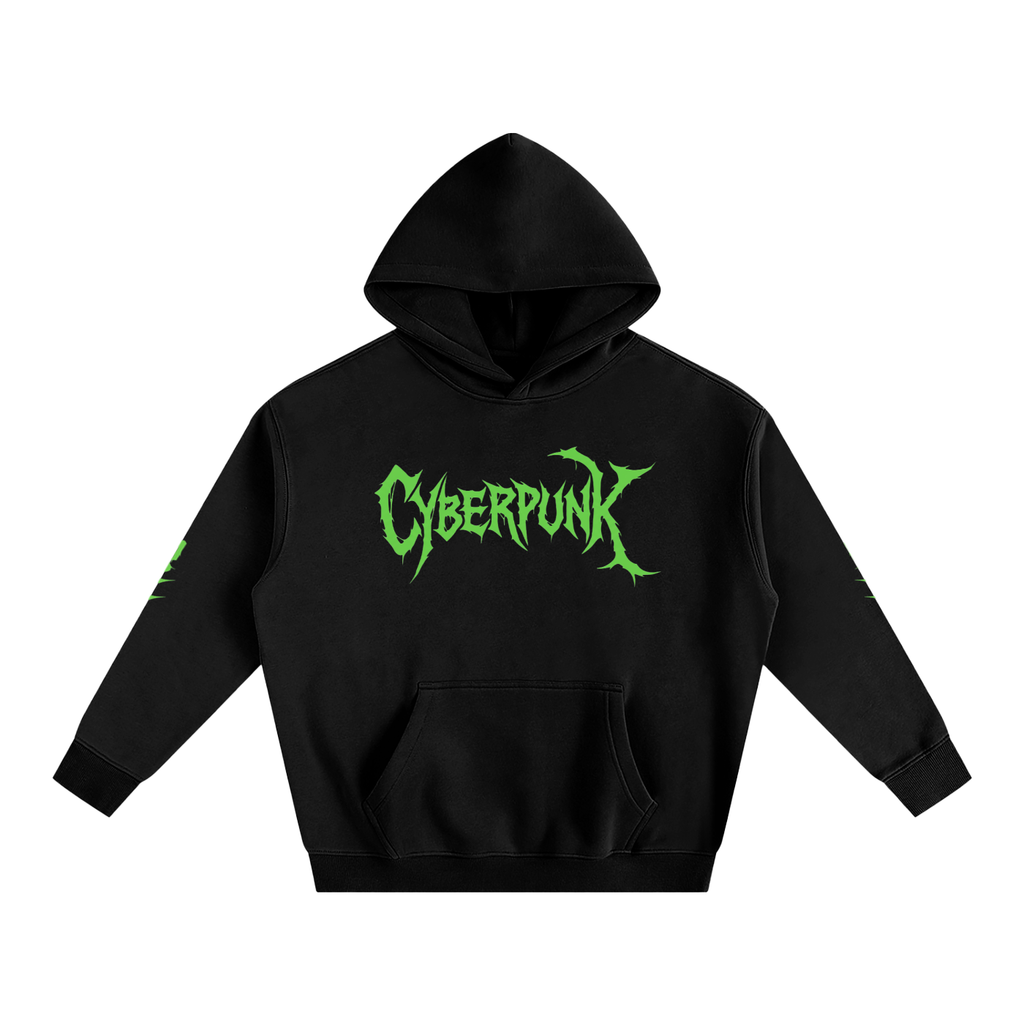 Black hoodie with green 'Cyberpunk' text on a white background