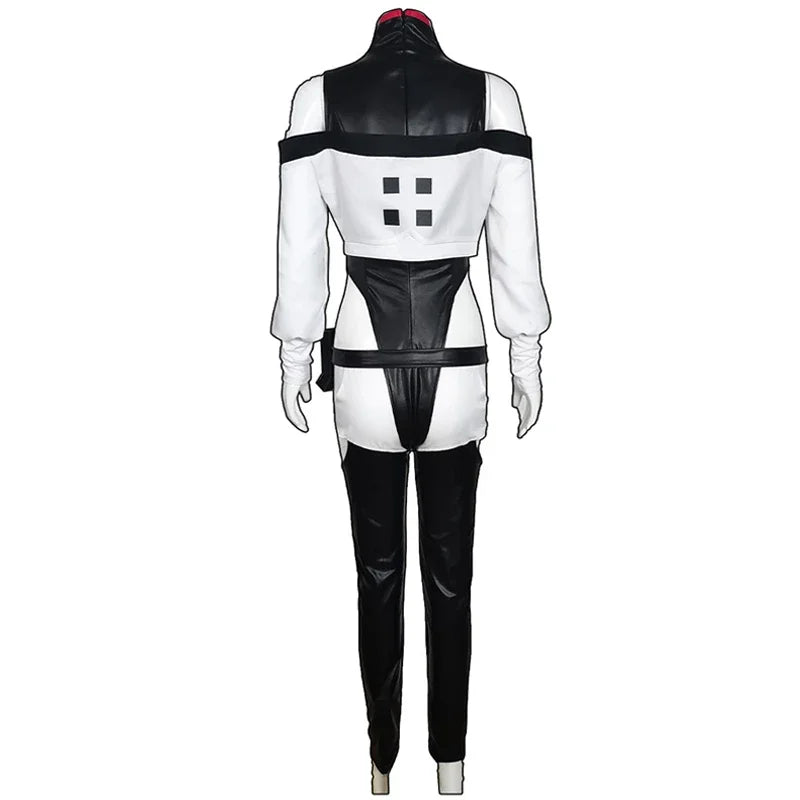 Black and white costume with a high collar and black accents on a white background