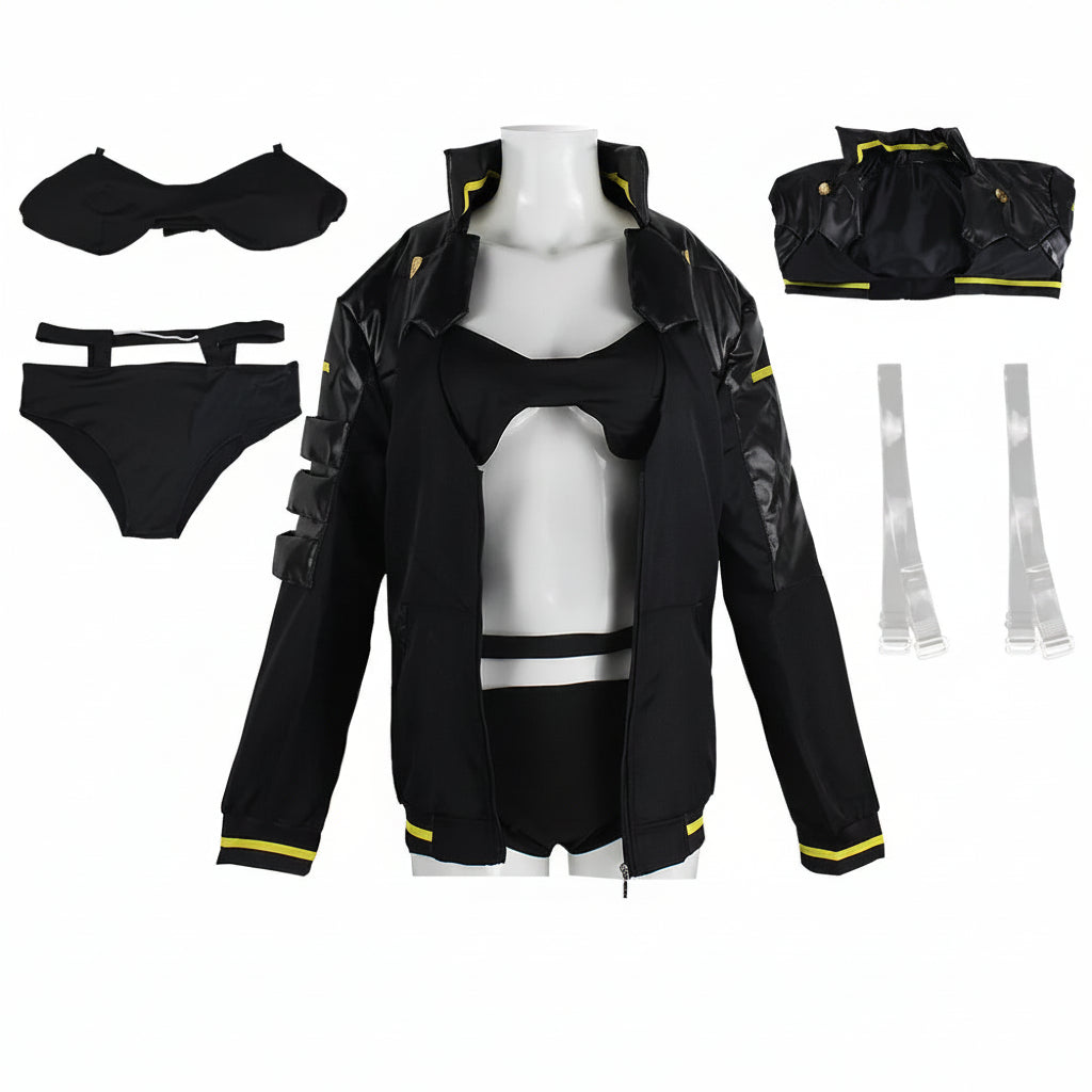 Black futuristic costume set displayed on a mannequin with additional pieces arranged around it, including a bikini-style top and bottom, a black jacket with yellow trim, a cropped top, and clear shoulder straps. Text at the bottom reads 'Products include: intimates, underwear, outwear, shoulder straps'.