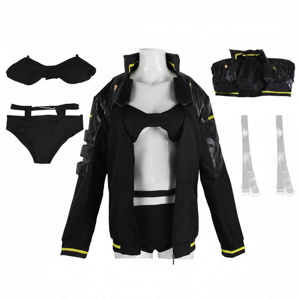 Black futuristic costume set displayed on a mannequin torso with matching accessories, including a bikini-style underwear set, a black jacket with yellow trim, a cropped top, and two clear strap pieces. Chinese text at the bottom lists included items.