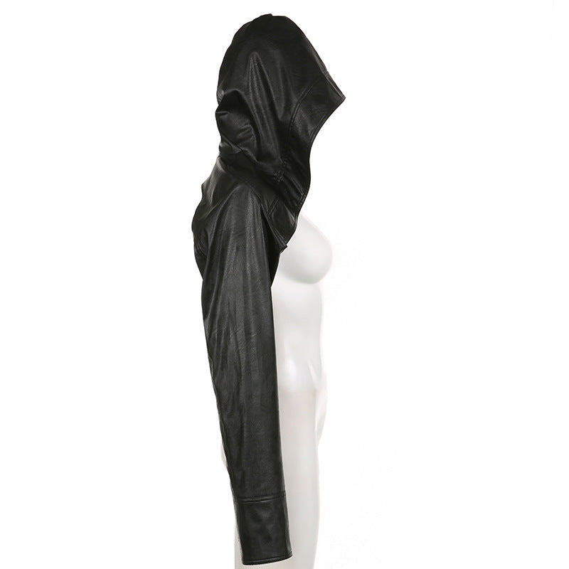 Black hooded garment on a mannequin against a white backgrodun