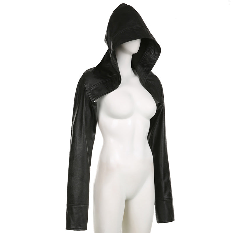 Black hooded jacket on a mannequin against a white background