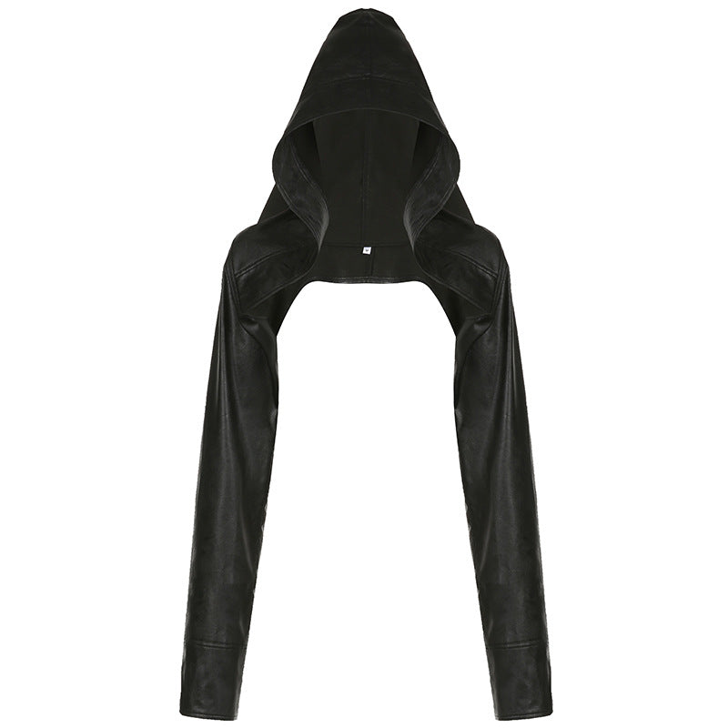 Black hooded jacket with leather sleeves on a white background