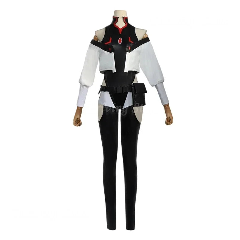 Cosplay costume on a mannequin with black, white, and red design on a white background