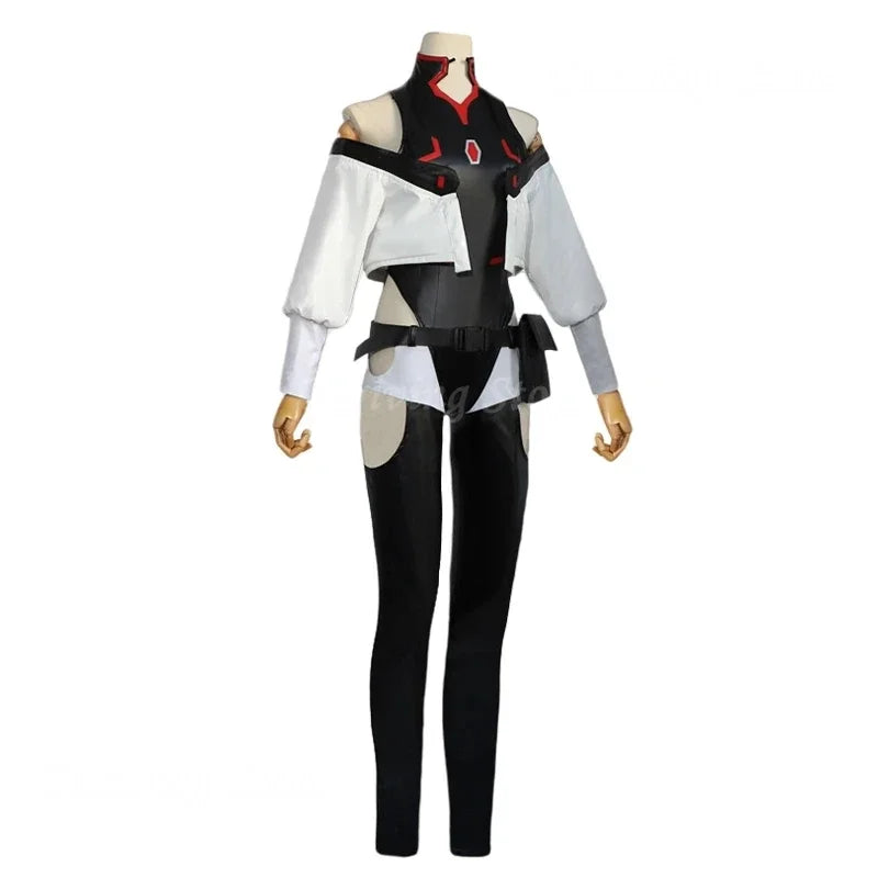Cosplay costume on a mannequin with black, white, and red design on a white background