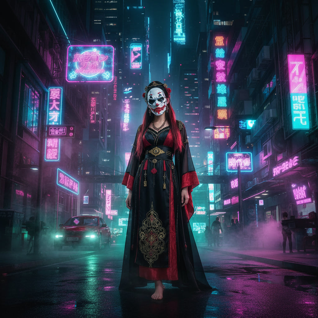 A woman in a black and red traditional-style costume holds up a large white clown mask with black dreadlocks and red lips, posed against a smoky red and black background.
