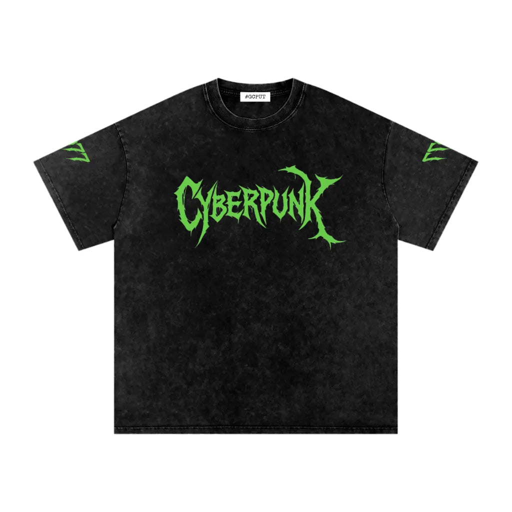 Black t-shirt with green 'Cyberpunk' text on a white background