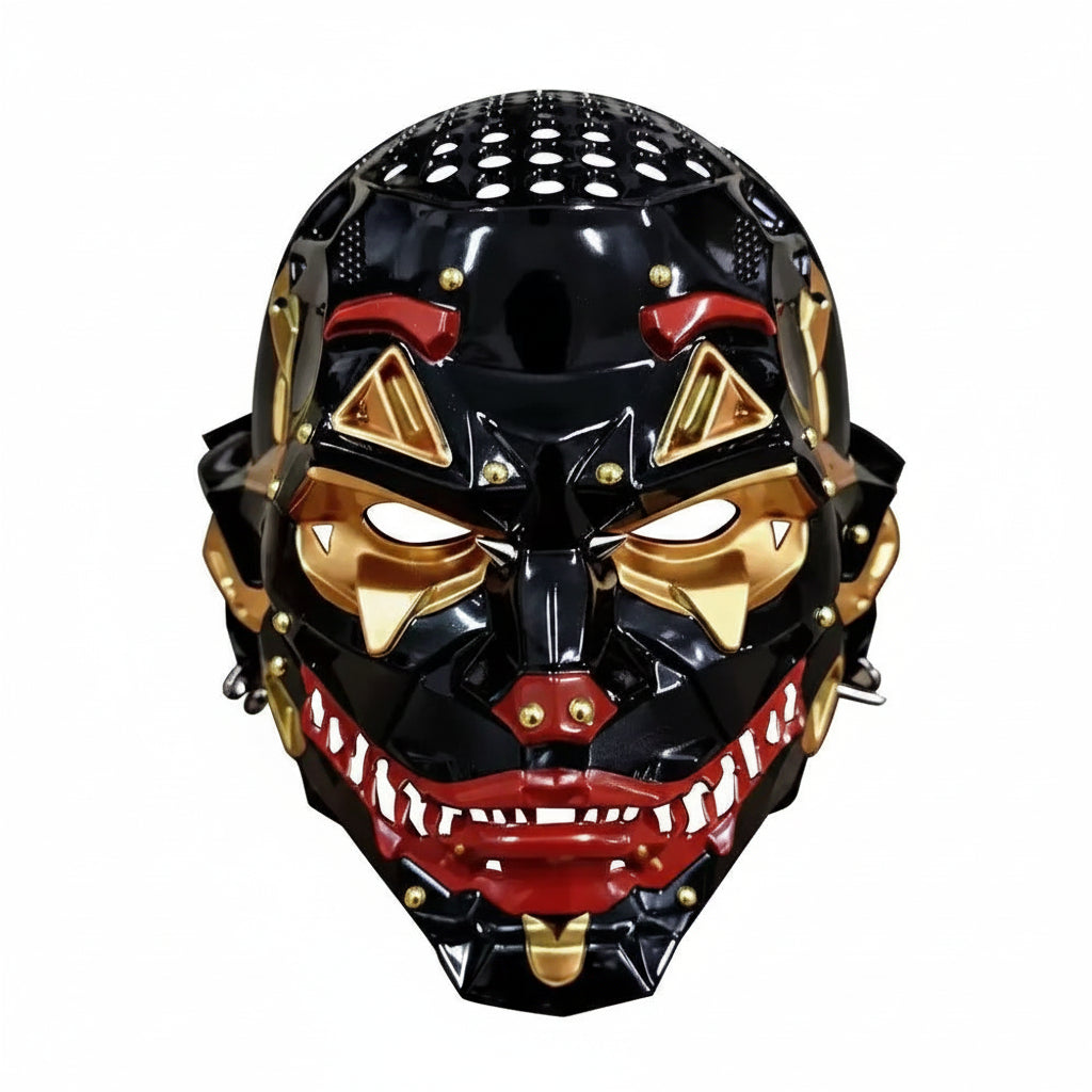 A glossy black and gold monster mask with red accents, shown with dimension lines and text indicating measurements of 26cm height, 22cm width, and 16cm depth, plus material and packaging details.