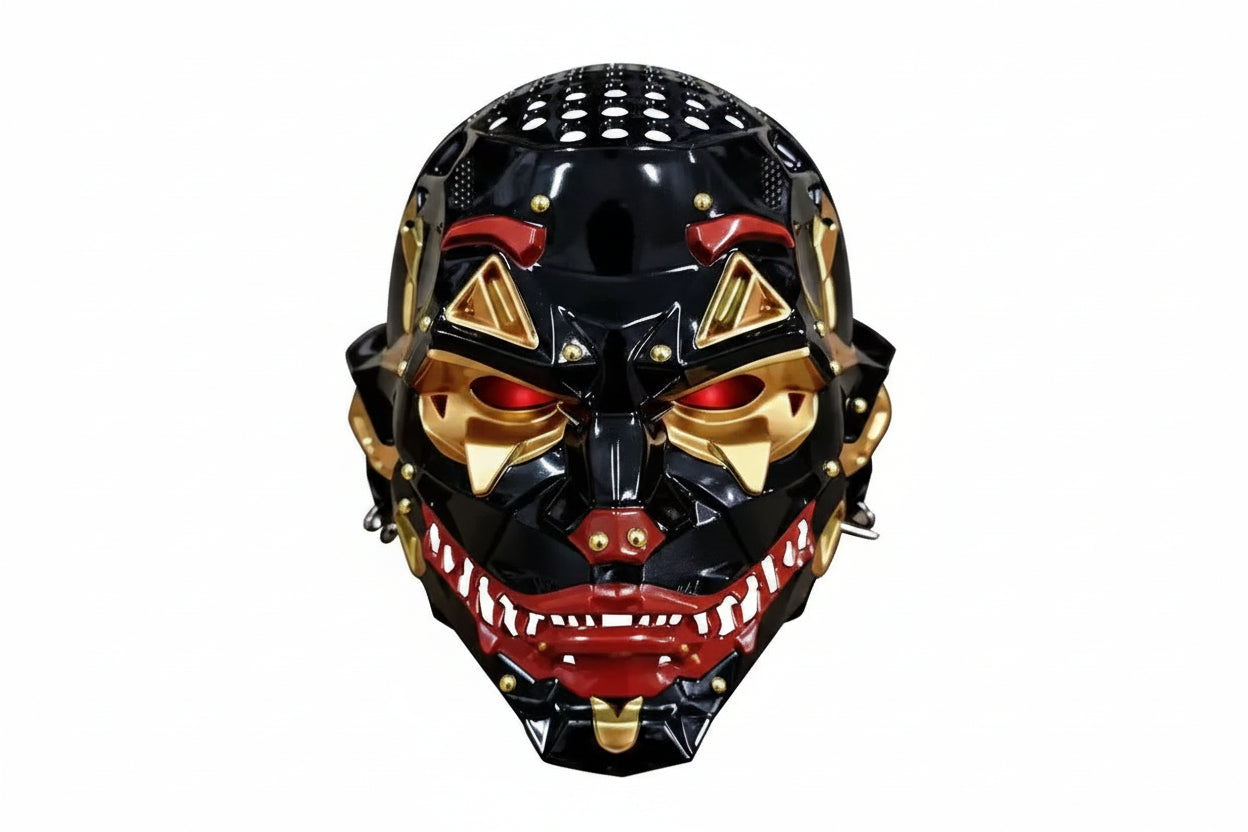 A glossy black and gold monster mask with red accents, shown with dimension lines and text indicating measurements of 26cm height, 22cm width, and 16cm depth, plus material and packaging details.