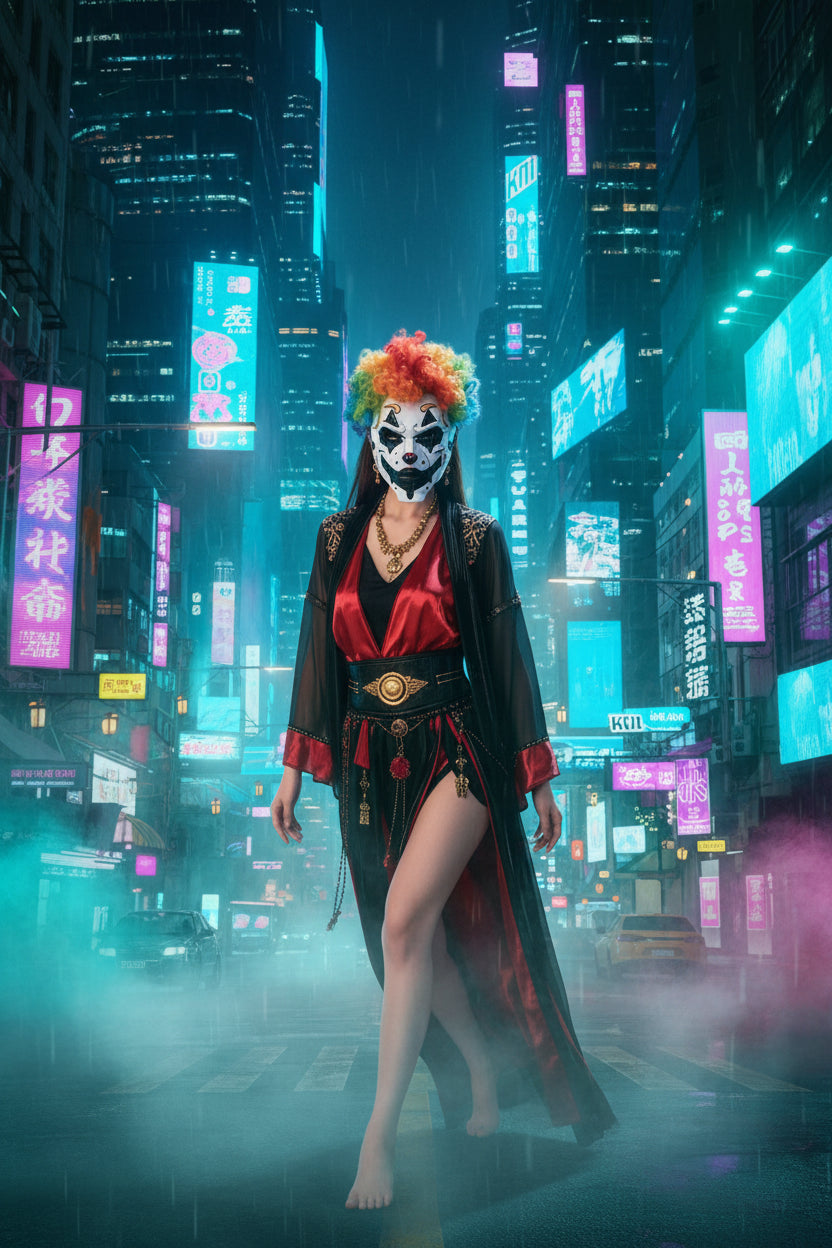 A woman in a black and red costume holds a white clown mask with a bright multicolor wig. She is posed in a smoky stage-like setting with red lighting.