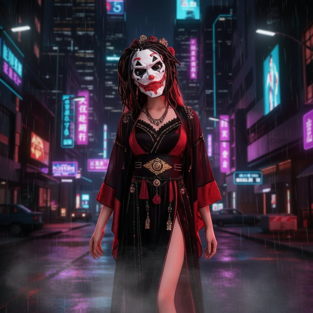 A woman in a black and red traditional-style costume holds up a large white clown mask with black dreadlocks and red lips, posed against a smoky red and black background.