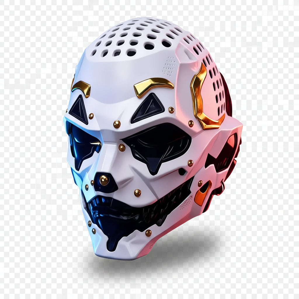 A futuristic white full-face helmet with gold and black accents, shown in a studio setting with dramatic blue and red lighting against a dark background.