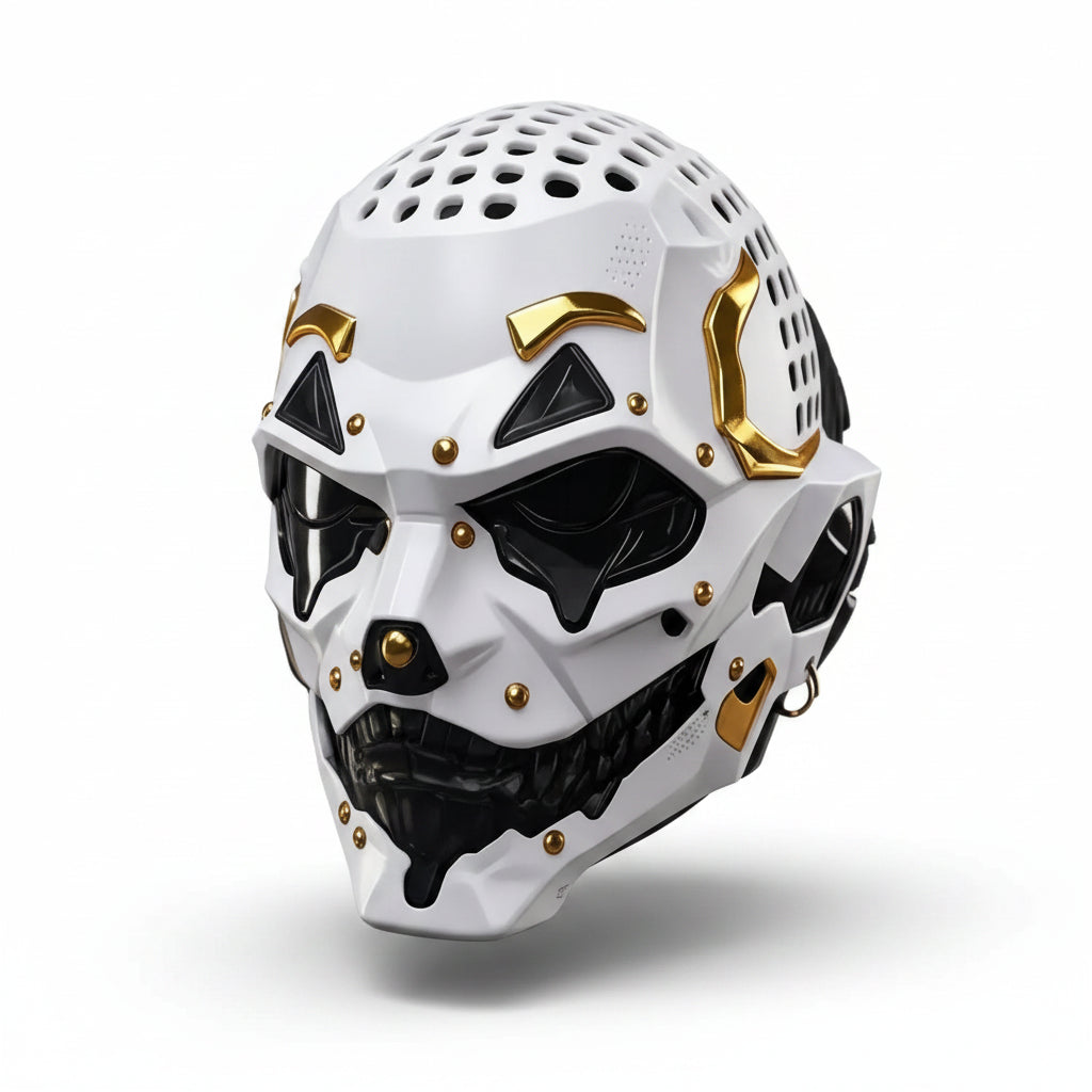 A futuristic white full-face helmet with gold and black accents, shown in a studio setting with dramatic blue and red lighting against a dark background.