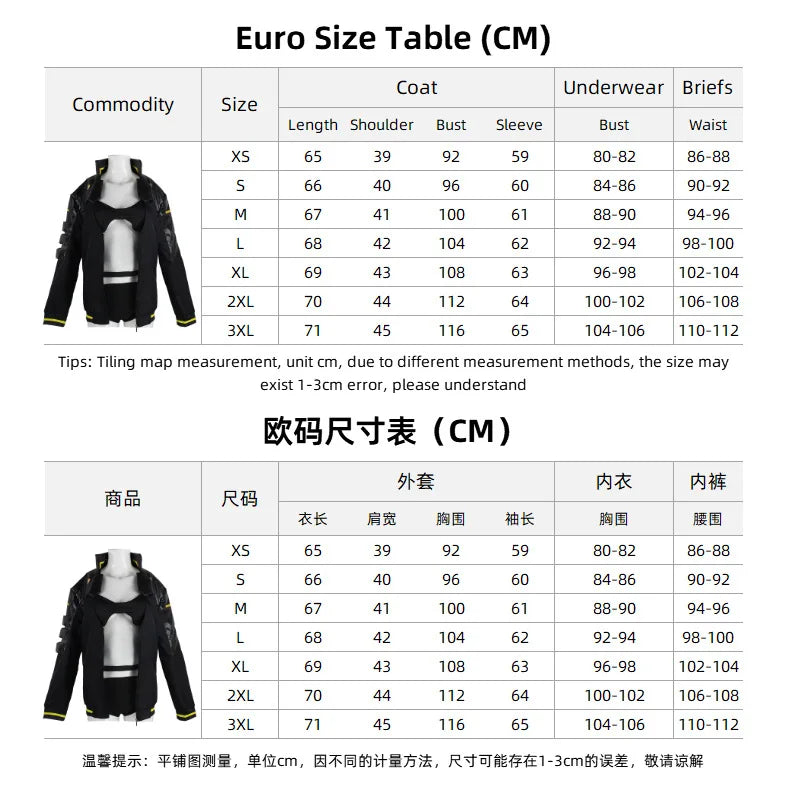 Euro size table in CM showing jacket, coat, underwear, and briefs measurements for sizes XS through 3XL, with a small black jacket photo included in the left column.
