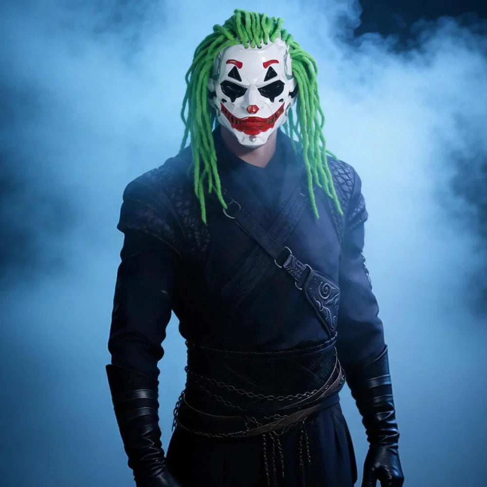 Person wearing a Joker mask with green hair against a smoky background