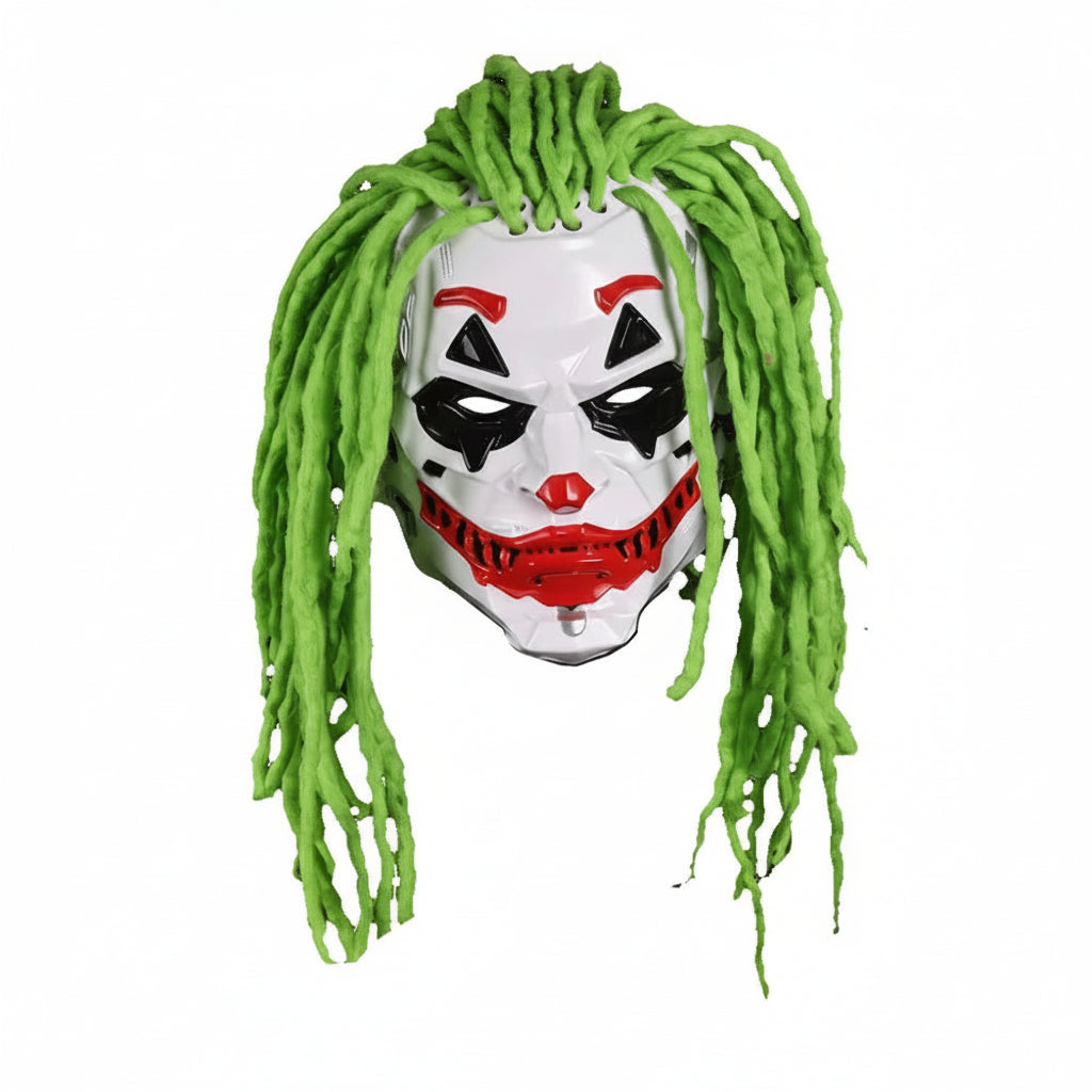 Mask with green dreadlocks and measurements on a white background