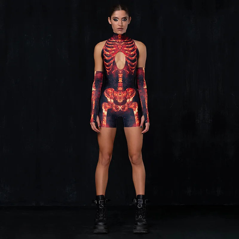 Cyber Skeleton Punk Women Jumpsuit & Romper with Gloves