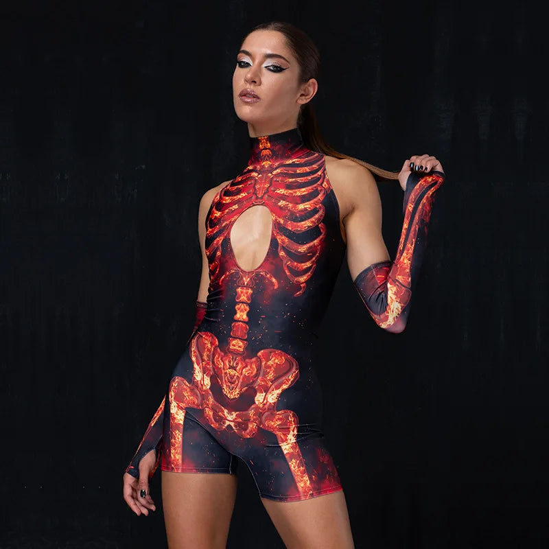 Cyber Skeleton Punk Women Jumpsuit & Romper with Gloves