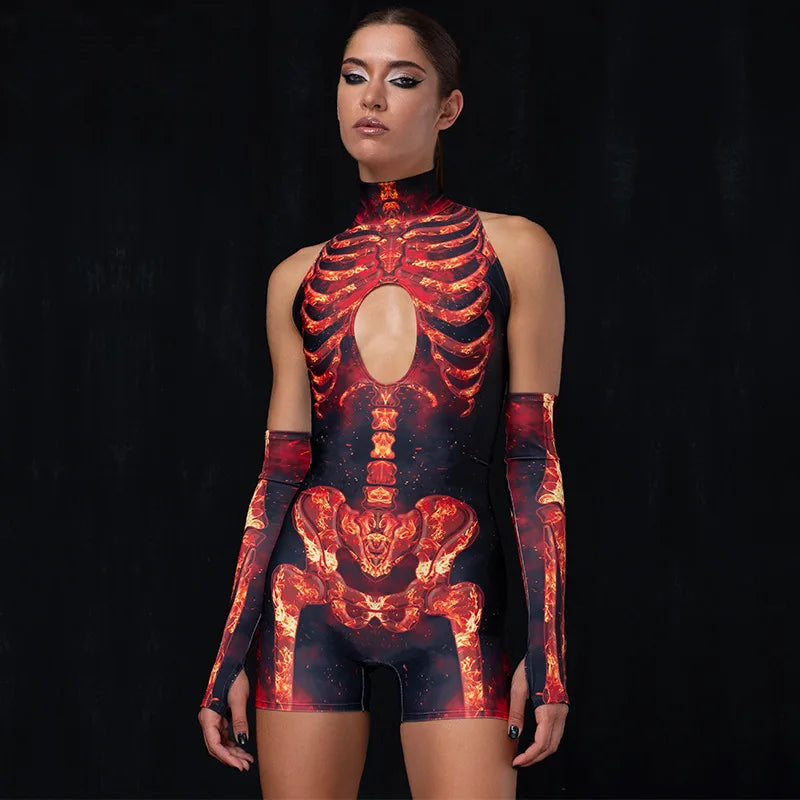 Cyber Skeleton Punk Women Jumpsuit & Romper with Gloves