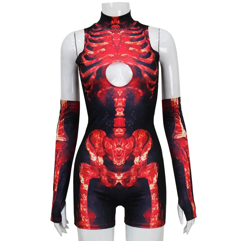 Cyber Skeleton Punk Women Jumpsuit & Romper with Gloves