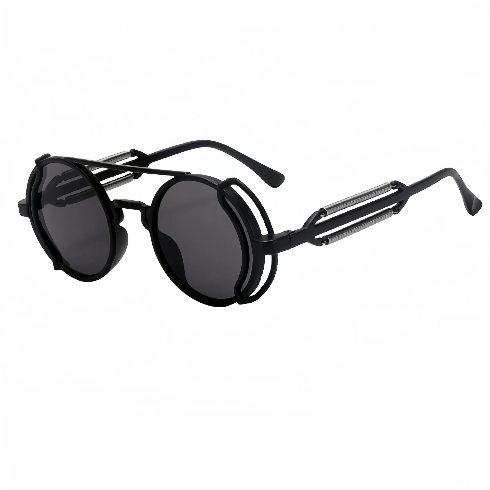 Black round sunglasses with a double-bridge frame design and dark gray lenses, shown on a plain white background.