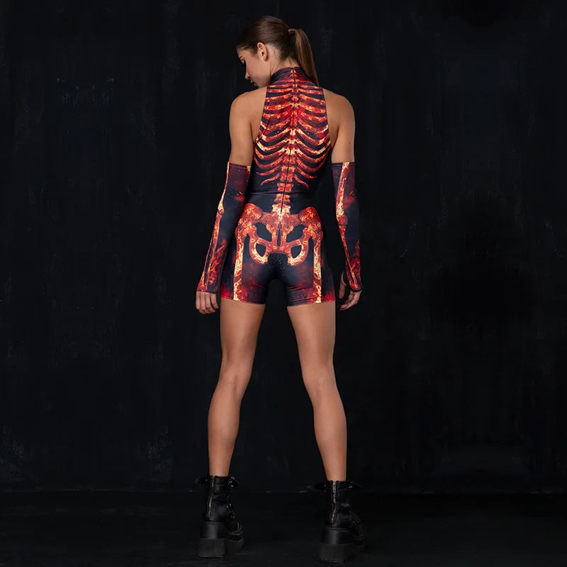 Cyber Skeleton Punk Women Jumpsuit & Romper with Gloves