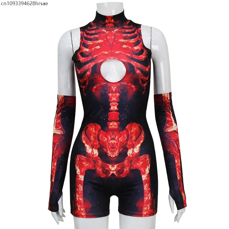 Cyber Skeleton Punk Women Jumpsuit & Romper with Gloves