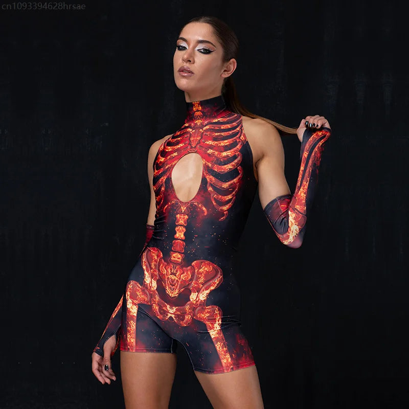 Cyber Skeleton Punk Women Jumpsuit & Romper with Gloves