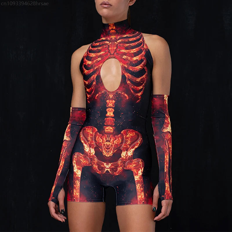 Cyber Skeleton Punk Women Jumpsuit & Romper with Gloves