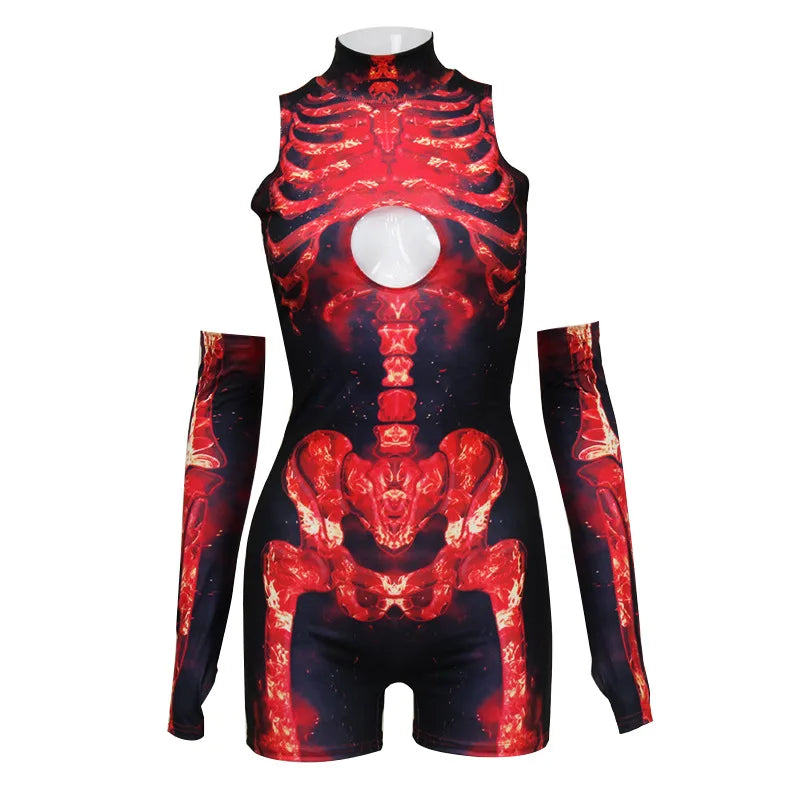 Cyber Skeleton Punk Women Jumpsuit & Romper with Gloves
