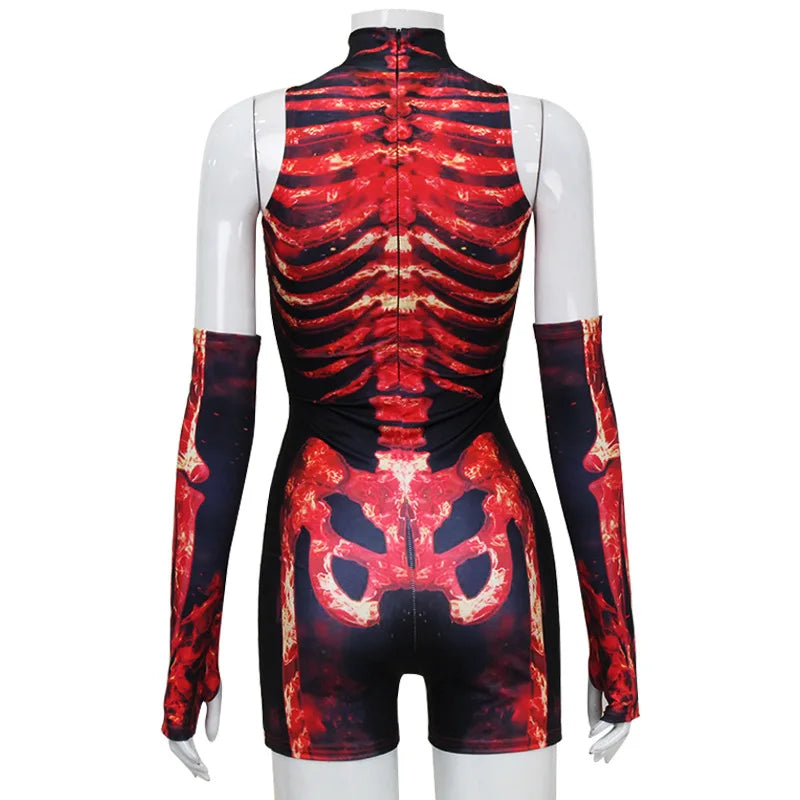 Cyber Skeleton Punk Women Jumpsuit & Romper with Gloves