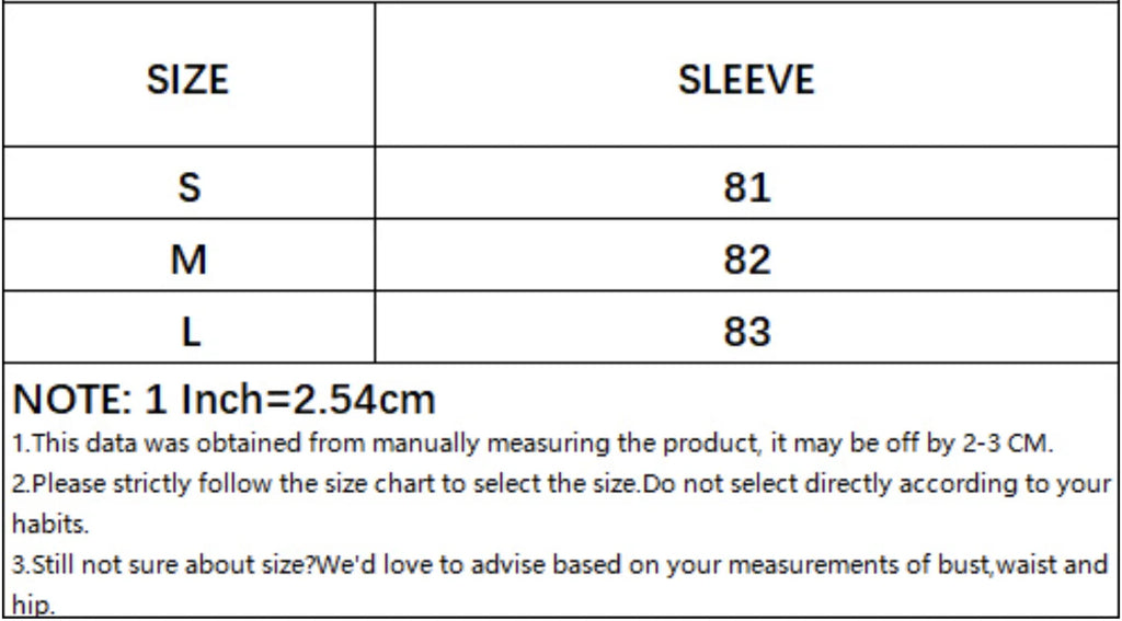Size chart for sleeves with measurements in inches and centimeters.