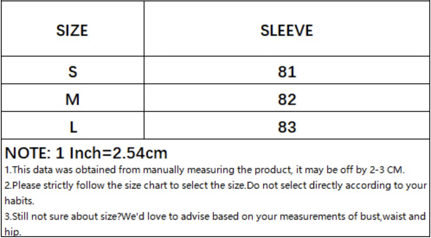 Size chart for sleeves with measurements in inches and centimeters.